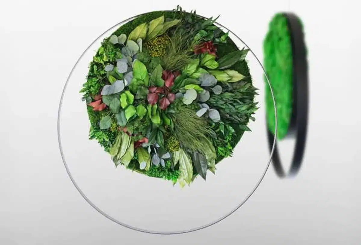 Circular vertical garden with lush green foliage