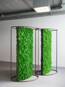 Two vertical green moss panels in metal frames.