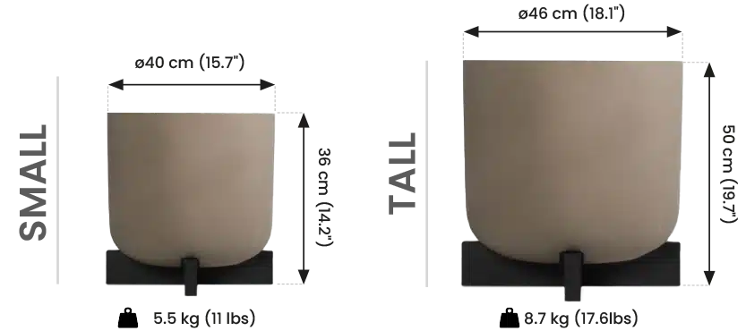 Two beige pots on black stands, different sizes.